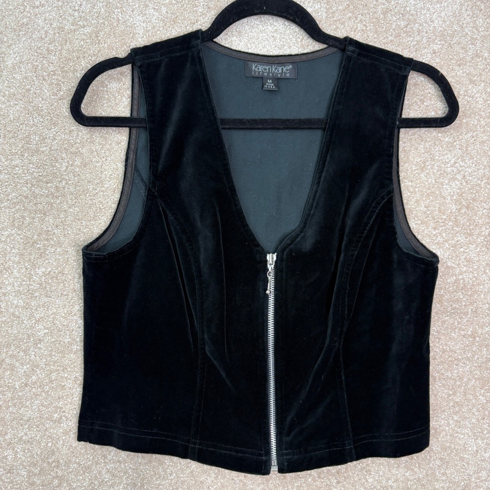 VINTAGE‎ KAREN KANE Vest Women's Medium Black Cotton Velvet Zip Up Goth Grunge